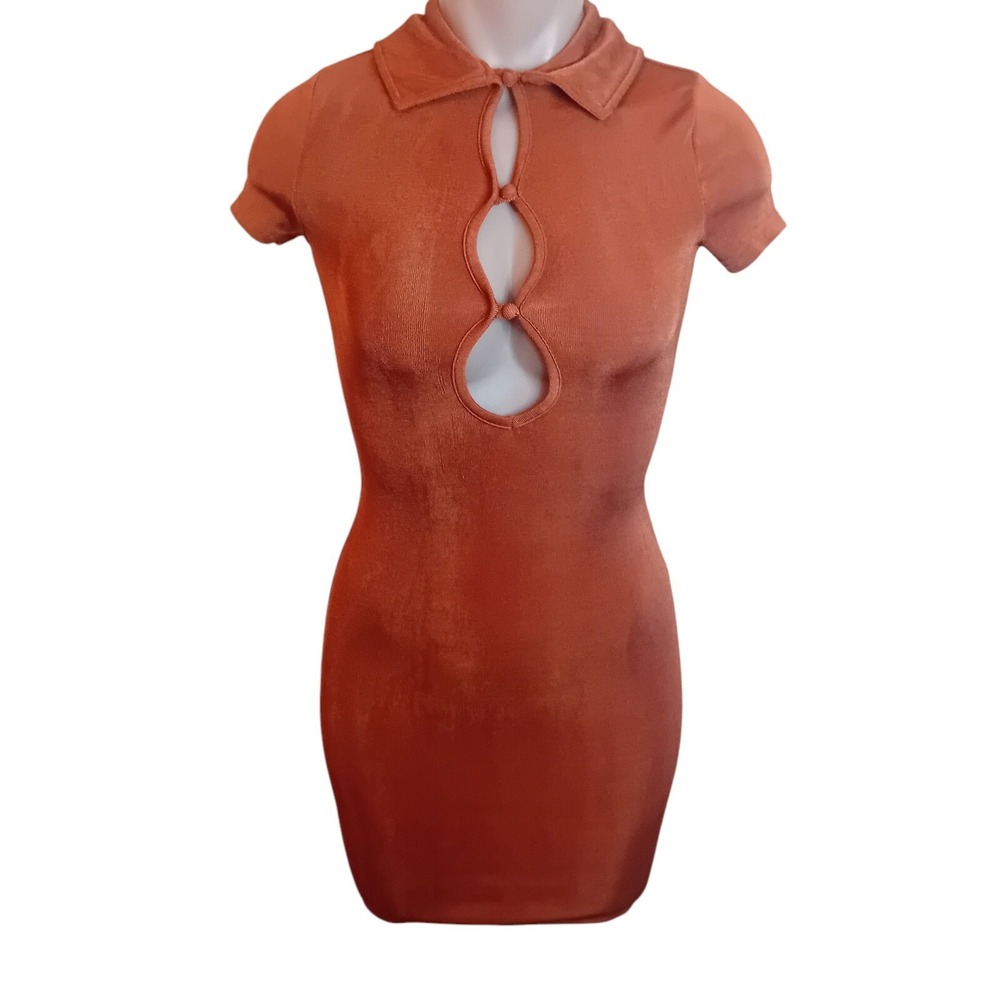 Urban Outfitters Rust Orange Ribbed Mini Dress Bodycon Keyhole Short Sleeve XS